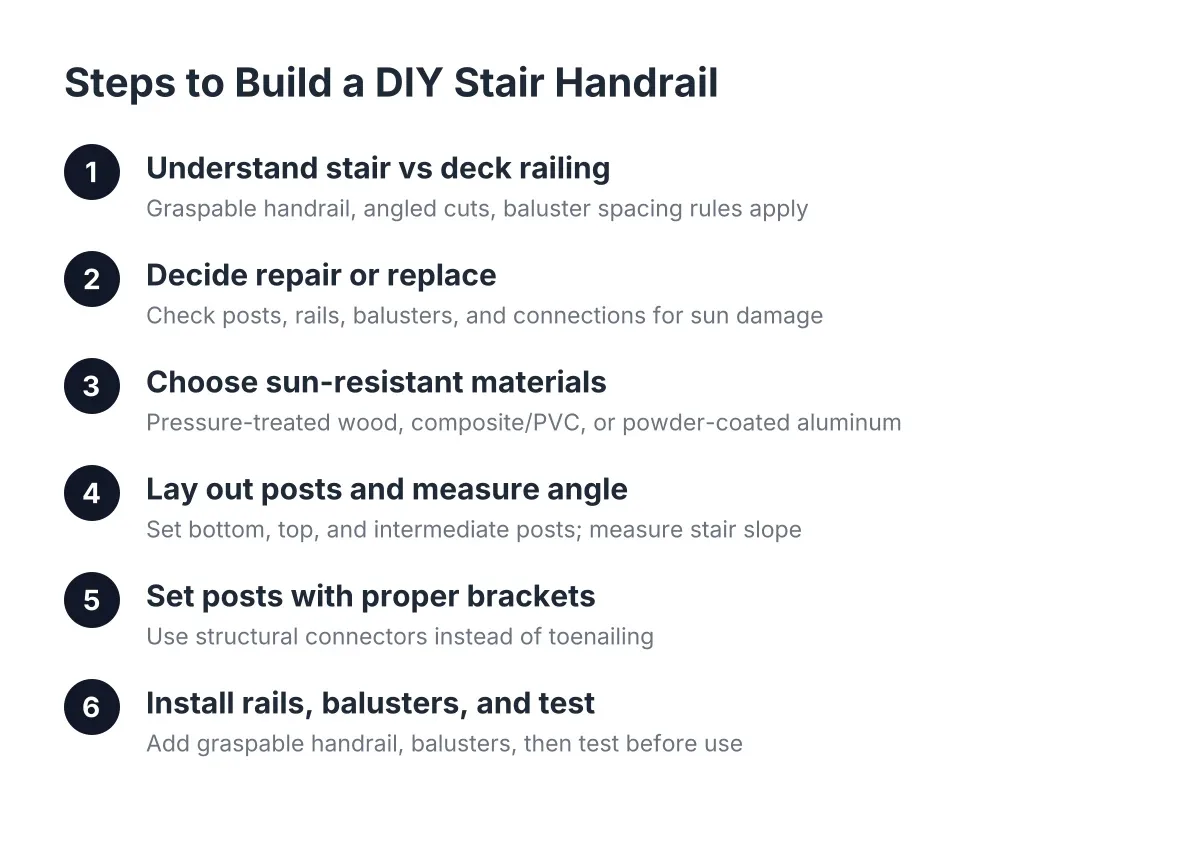 Numbered steps showing how to build a DIY handrail for stairs safely