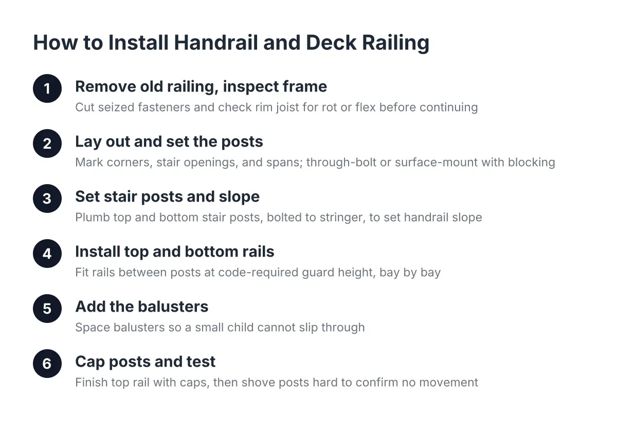 Step sequence showing how to install handrail and deck railing posts, rails, balusters, caps