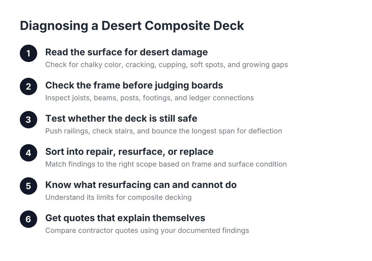 Six-step process for diagnosing composite deck damage and deciding on deck refinishing